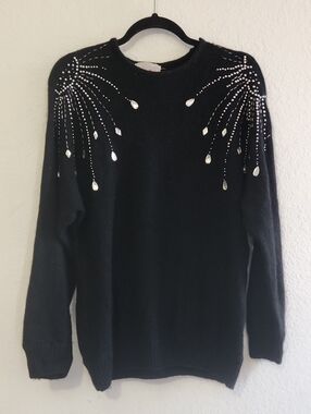 Vintage 80s 90s Silk Angora Rhinestone Beaded Glam Sweater L